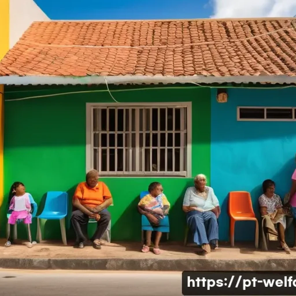 사회복지 정책 사례 - A vibrant community social center in a Brazilian urban neighborhood, showing diverse families includ...