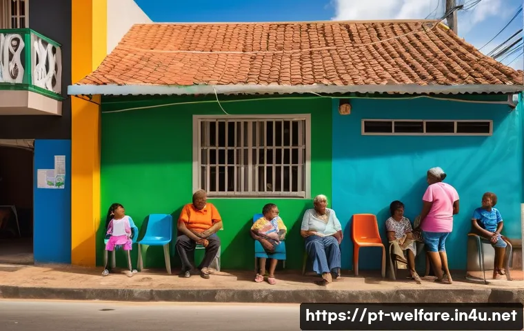 사회복지 정책 사례 - A vibrant community social center in a Brazilian urban neighborhood, showing diverse families includ...