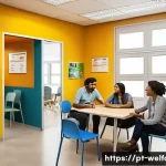 Home 22 사회복지 서비스 개선 방안 - A warm and welcoming social service office in a Brazilian community center, featuring diverse social...