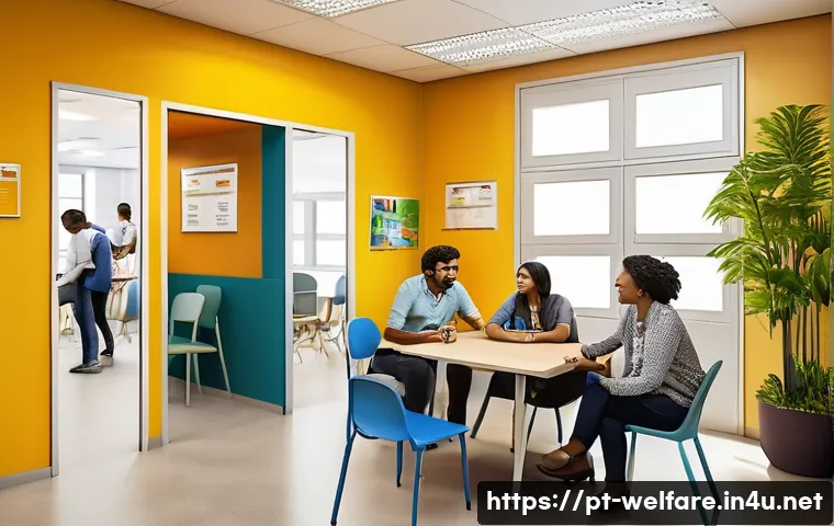 사회복지 서비스 개선 방안 - A warm and welcoming social service office in a Brazilian community center, featuring diverse social...