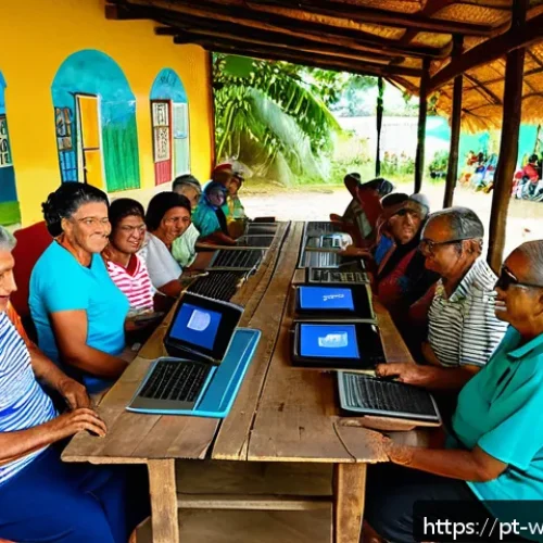 Home 33 사회복지 정책 변화 - A vibrant community center in a Brazilian rural village, showing a diverse group of adults and elder...