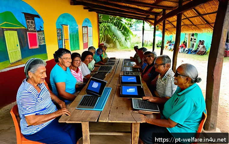 사회복지 정책 변화 - A vibrant community center in a Brazilian rural village, showing a diverse group of adults and elder...