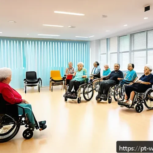 Home 32 재활복지 - A warm and inspiring scene inside a modern Brazilian rehabilitation center, showing a diverse group ...