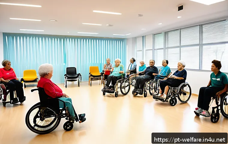 재활복지 - A warm and inspiring scene inside a modern Brazilian rehabilitation center, showing a diverse group ...