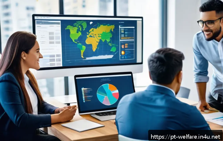 사회복지 산업 전망 - A diverse group of social workers in a modern office setting, collaborating on digital platforms and...