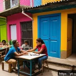 Home 18 사회복지 리더십 사례 - A vibrant community workshop scene inside a favela in Rio de Janeiro, featuring diverse young people...