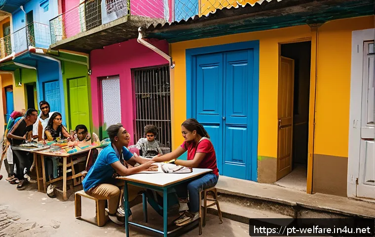 사회복지 리더십 사례 - A vibrant community workshop scene inside a favela in Rio de Janeiro, featuring diverse young people...