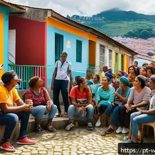Home 17 사회복지와 인권 - A vibrant community meeting in a Brazilian favela, featuring diverse residents of various ages engag...
