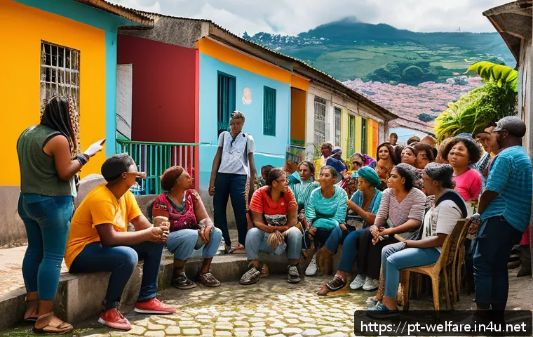 사회복지와 인권 - A vibrant community meeting in a Brazilian favela, featuring diverse residents of various ages engag...