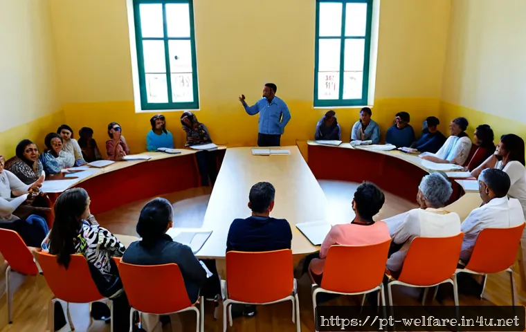 사회복지 세미나 후기 - Photorealistic social welfare seminar in a bright community center in Lisbon, Portugal, diverse adul...